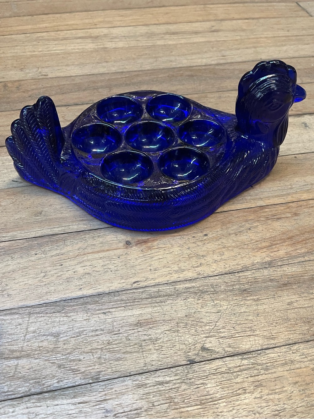 Chicken Shaped Glass Egg Holder Cobalt Blue